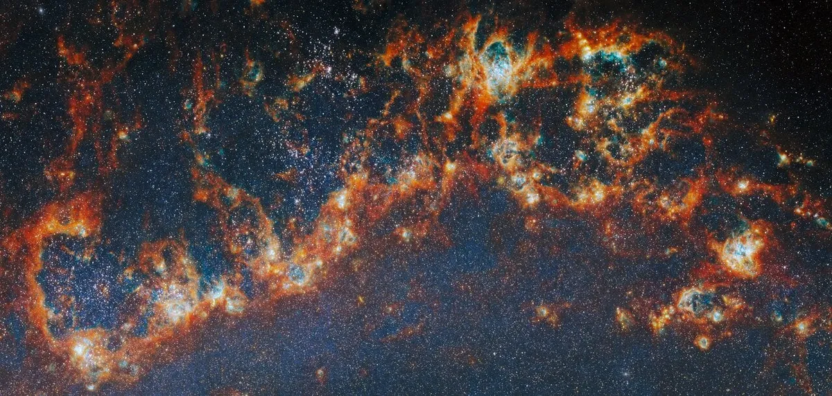The universe's biggest baby stars are also its messiest eaters, Webb and Hubble reveal